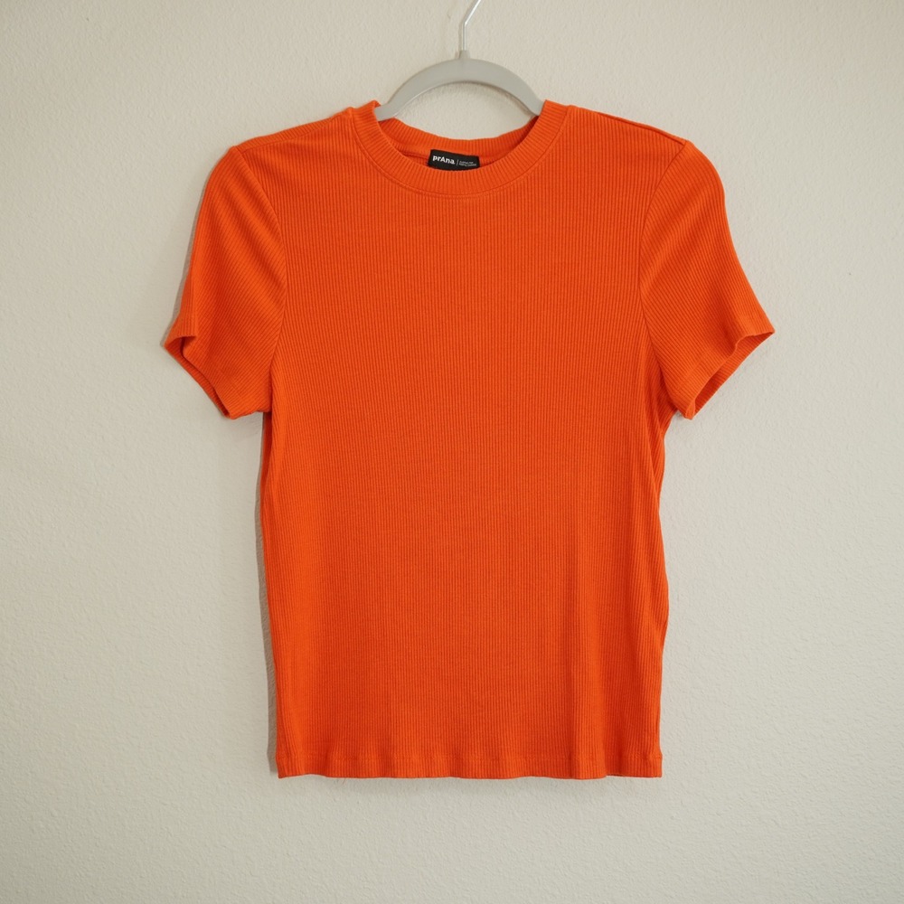 Prana Womens Size Large Orange Ribbed Short Sleeve Crew Neck T-Shirt Casual Soft